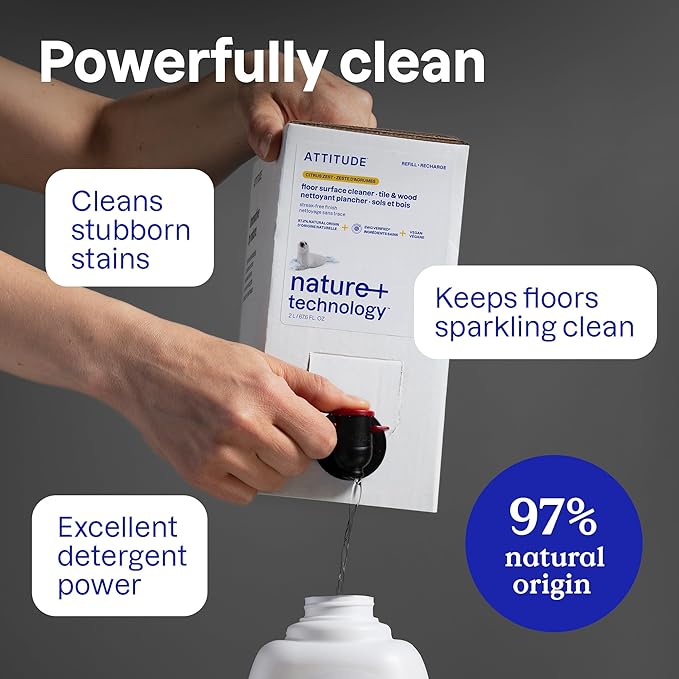 ATTITUDE Floor Cleaner, EWG Verified, Streak-Free, Vegan & Plant-Based for Tile, Wood & Laminate Floors, Citrus Zest Scent, 35.2 Fl Oz