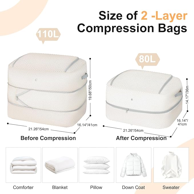 Comforter Storage Bag - 110L Large Capacity Blanket Storage Bags 2-Layer Ultra Space Saving Self Compression Organizer, Washable Compression Bags for Storage Comforter Blanket, 1-Pack, Beige