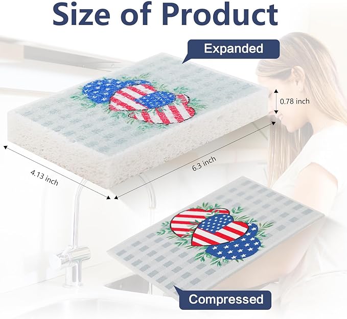 4Pcs USA Flag Heavy Duty Kitchen Dish Sponges | Large Odor Free Non-Scratch Scrub Pad | Household Cleaning Scrubber for Sink, Counters, Surfaces, Pots, Pans, Dishwashing (6" x 4" x 1"), Style 2