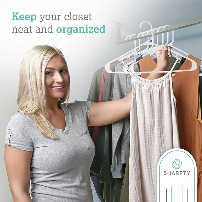 Sharpty Plastic Hangers Clothes Hangers for Clothing, Closet, Coats & Shirts - Durable & Space Saving - for Everyday Standard Use, Room Essentials & Basics - 20 Pack - White