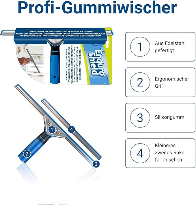 Professional Squeegee - Premium Quality Silicone Rubber Blades with Ergonomic Handle for Streak-Free Cleaning - Perfect for Windows, Shower Doors, and Railings