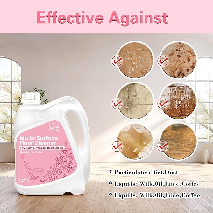 Snowlily 33.8 FL OZ Floor Cleaning Solution Compatible with Robot Vacuum, Residue & Streak Free, Low Foam Floor Cleaner for Mopping, for All Robot Vacuum Mops & Wet Dry Vacuum Cleaners, Rose