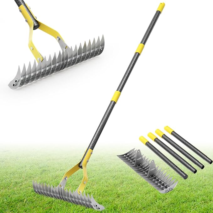 Thatch Rake,57 inch Thatching Rake for Lawn Stainless Steel Metal Dethatcher Rakes with Sheath,Heavy Duty Weed Rakes for Cleaning Dead Grass,Yard,Garden,Leaves,Loosening Soil