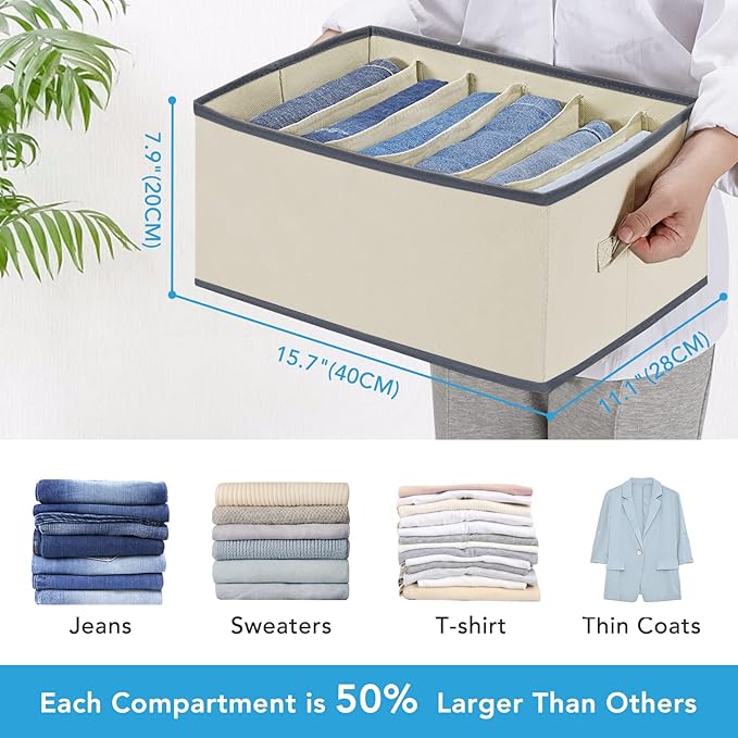 6 Pcs Large Size Wardrobe Clothes Organizers 6 Grids for Pants, Jeans, Sweater, T-shirt, Thin Coat, Dress Stackable Closet Drawer Organizer Storage Bin Container with Sturdy Handles, Beige