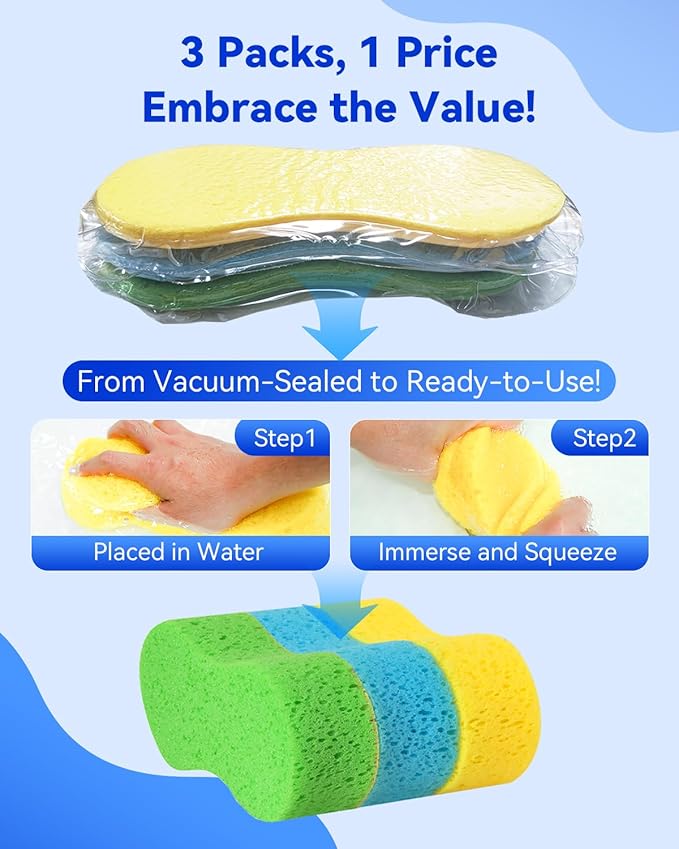 Temede Car Wash Sponge, Large All Purpose Sponges for Cleaning, 2.4in Thick Foam Scrubber Kit, Sponges for Dishes, Tile, Bike, Boat, Easy Grip Sponge for Kitchen, Bathroom, Household Cleaning, 3pcs
