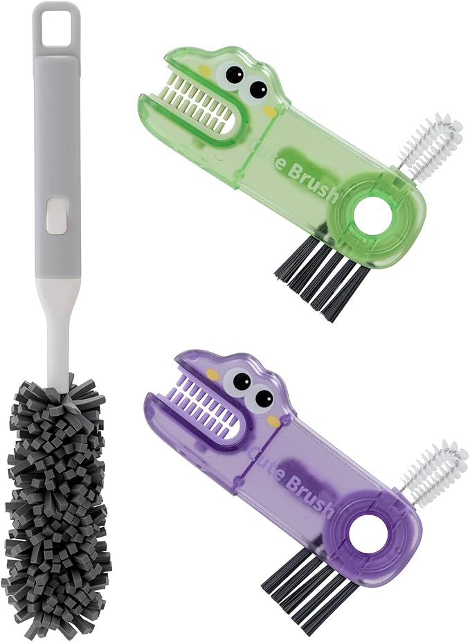 Bottle Brush Cleaning Set: Includes 2 Three-in-one Portable Travel Crevice Brushes and 1 Cup Brush with Removable Handle. Ideal for Cleaning lids, Straws, and Water Bottles.