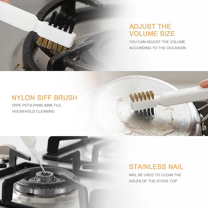 4 in 1Kitchen Cleaning Scrub Brush, Deep Gas Stove Brass Wire Brush with Stiff Bristles & Cooktop Scraper Stainless Steel Scrubber for Range Hood Grease Grime Pot Pan Household Cleaning Tool