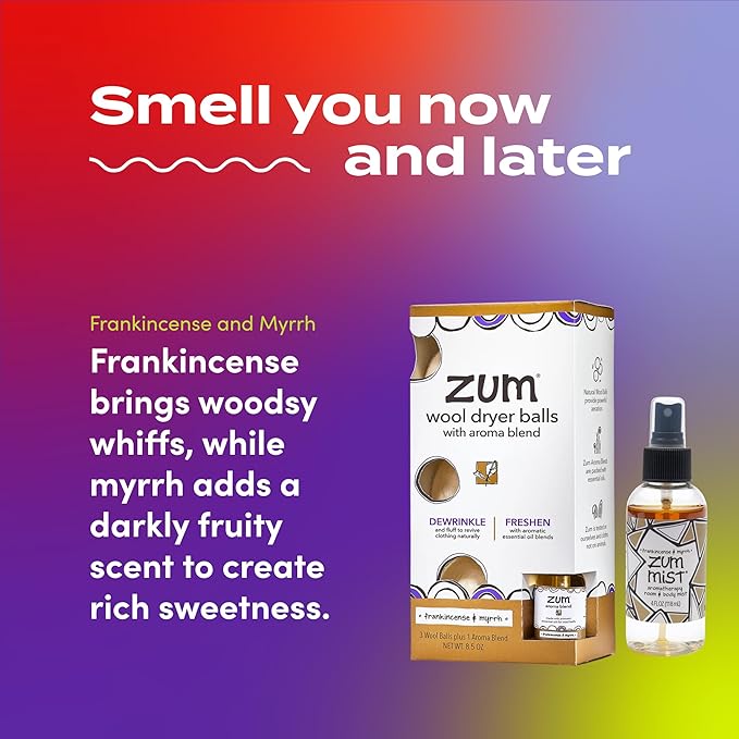 Zum Wool Dryer Balls Kit Plus Zum Mist - 3 Wool Balls with Essential Oil Blend & Room & Body Mist - Frankincense & Myrrh