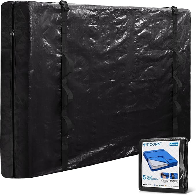 TICONN Mattress Bags for Moving, Heavy Duty Queen Mattress Cover Storage Bag with Full-Around Handle and Adjustable Buckles (Black, Queen)
