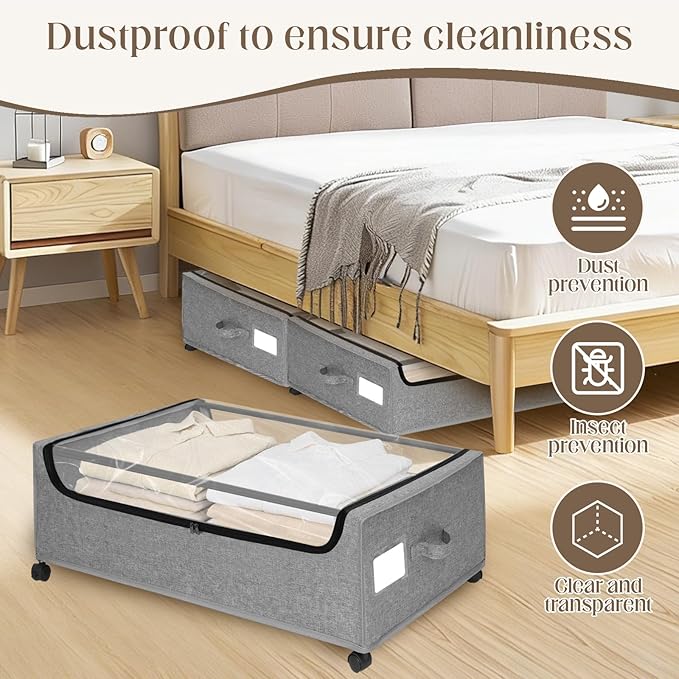 Under Bed Storage with Wheels, 2 Pack Under Bed Storage Containers, 10.6 inches Tall Underbed storage bins on Wheels, Rolling Under the Bed Metal Drawers for Clothes, Blankets, Shoes (XXXL, 90L)
