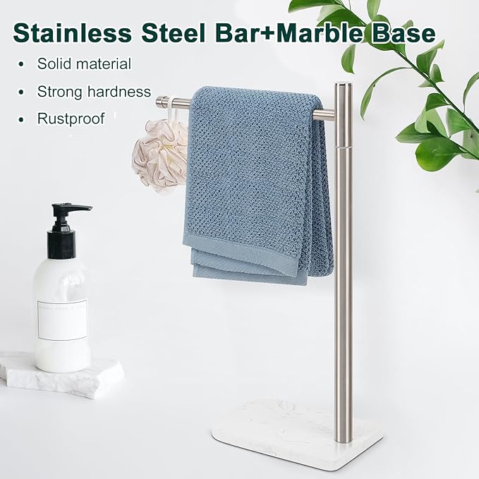 Hand Towel Holder, L-Shape Hand Towel Stand with Marble Base, Stainless Steel Swivel Hand Towel Rack Bar Standing for Bathroom Kitchen Countertop, 1 Arm (Brushed Nickel)
