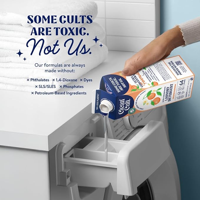 Cleancult Ultra Concentrated Liquid Laundry Detergent, 64 loads (32 oz), Long Lasting Scent, 90% Less Plastic, No Harsh Chemicals, Orange Blossom, Defeats Stains & Odors, HE/Standard Compatible