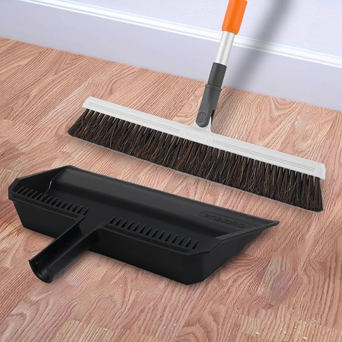 Superio 18" Horse Hair Upright Broom with Telescopic Handle & 16" Black Dustpan with Comb, Rubber Lip & Clip – Narrow Thin Dust Broom for Dog Hair – Hardwood & Tile Floor Cleaning Set – Gray/Black