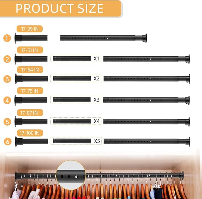 Closet Rods for Hanging Clothes, 1.3 Inch Diameter Heavy Duty Closet Rod 17-64 Inch Adjustable, Metal Closet Poles for Hanging Clothes, Matte Black Bar for Closet, Wardrobes, Bathroom, Windows