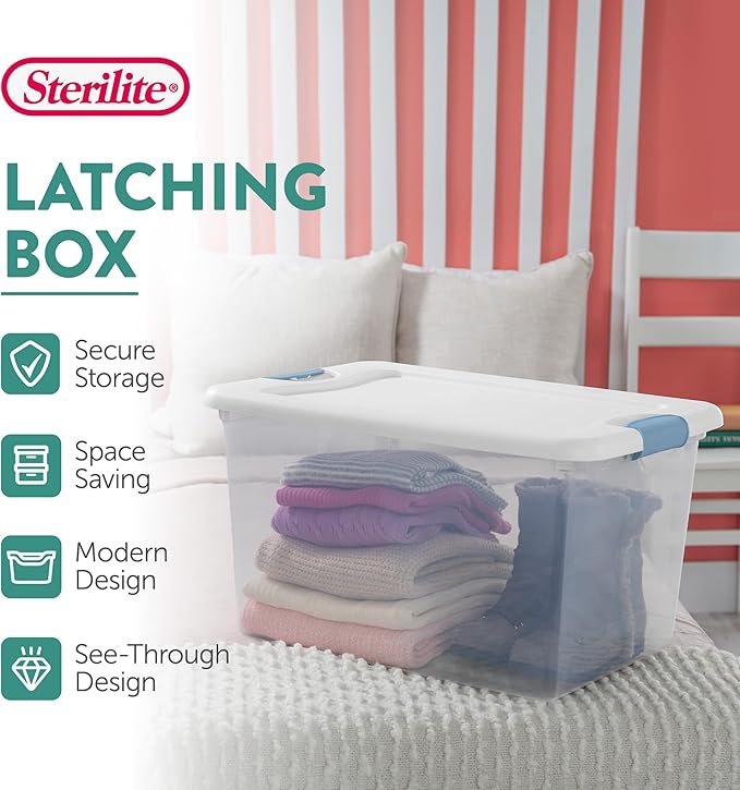 Sterilite 16 Pack Latching Box, 64 Qt Plastic Storage Container, Stackable Large Home or Office Tote Organizers with Secure Lids, White