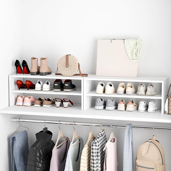 Whitmor Stackable 28" Extra Wide 2-Shelf Storage Organizer,Stackable Wood Combination Shoe Organizer Racks Shelves for Closets, Entryway, Hallway, Garage, White
