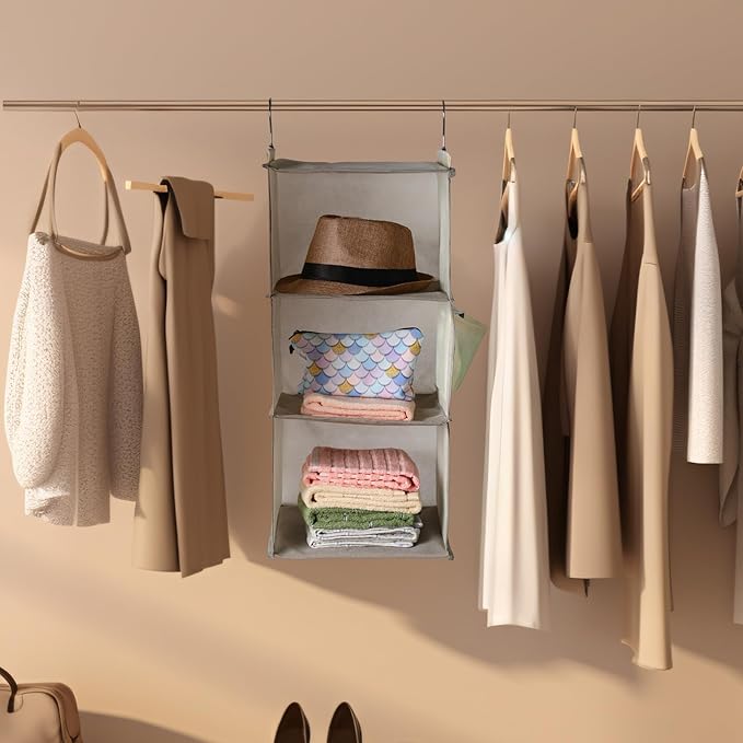 Leinuosen 4 Pack 3 Tier Hanging Closet Organizer Foldable 3 Shelf Closet Hanging Shelves with Side Pockets and Sturdy Hooks for Wardrobe Rv Nursery Small Closets Natural Beige