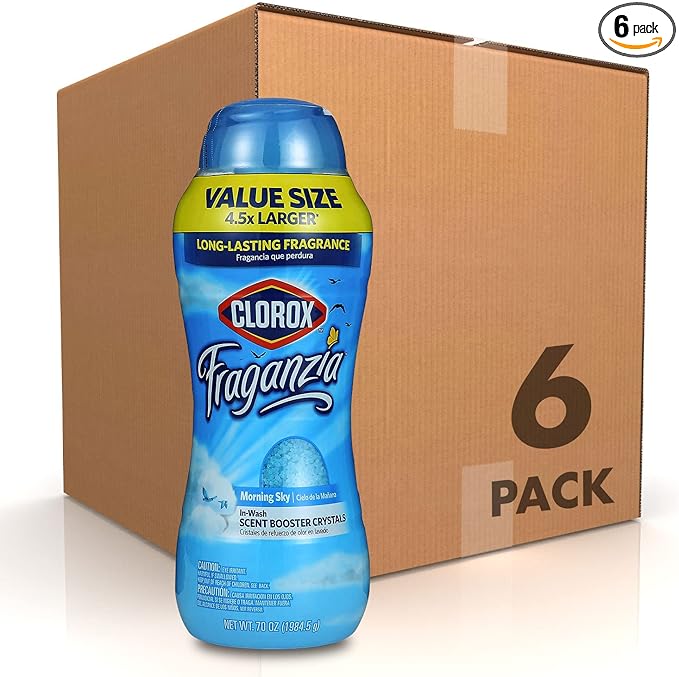 Clorox Fraganzia Laundry Scent Booster Crystals, In-Wash Fragrance Beads for Fresh-Smelling Clothes & Linens, Safe for All Fabrics & Colors, Easy-Pour Bottle, Morning Sky Scent, 70 Oz - 6 Pack