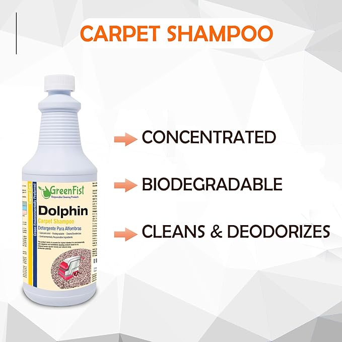 GreenFist Dolphin Carpet Extractor Odor & Stain Remover Shampoo ( Concentrated )Deep Cleaner and Deodorizer[ Any Rug, Upholstery or Carpet Machine] Unscented Formula, 1 Quart Bottle