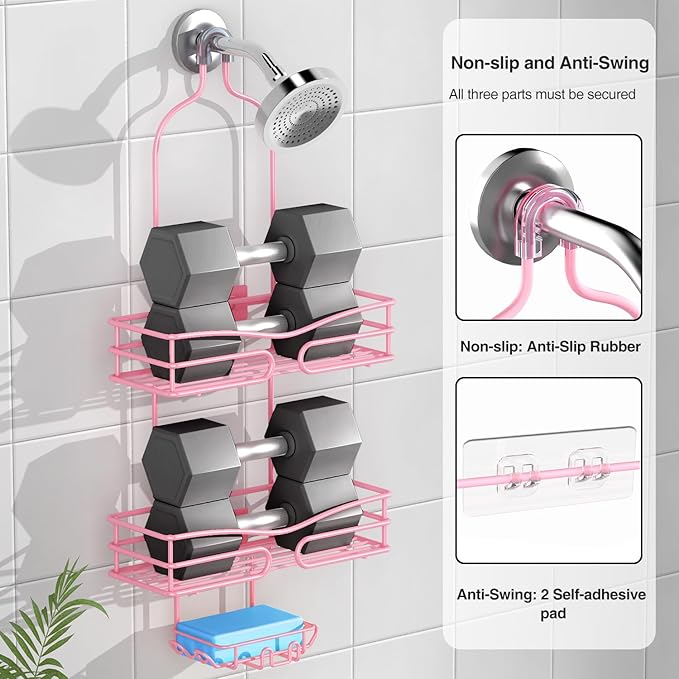 DAOYA Over the Shower Head Caddy Pink - Shower Caddy Hanging with 3 Soap Holders, Stainless Steel Bathroom Organizer and Storage, Rustproof