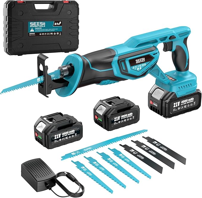 SEESII Reciprocating Saw Cordless, Variable Speed 3500 RPM Brushless Motor with 8 Saw Blades, 2 x 4.0Ah Batteries, LED Light, Tool‑Free Blade Change, Portable for Wood PVC Cutting (Dark Blue)