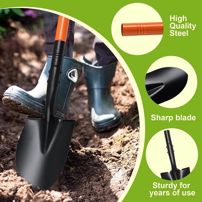 Small Shovel 43.3Inch Durable Metal Shovel for Digging Small Spade Shovel Garden Shovel for Gardening Digging Camping Farming and Outdoors, Orange