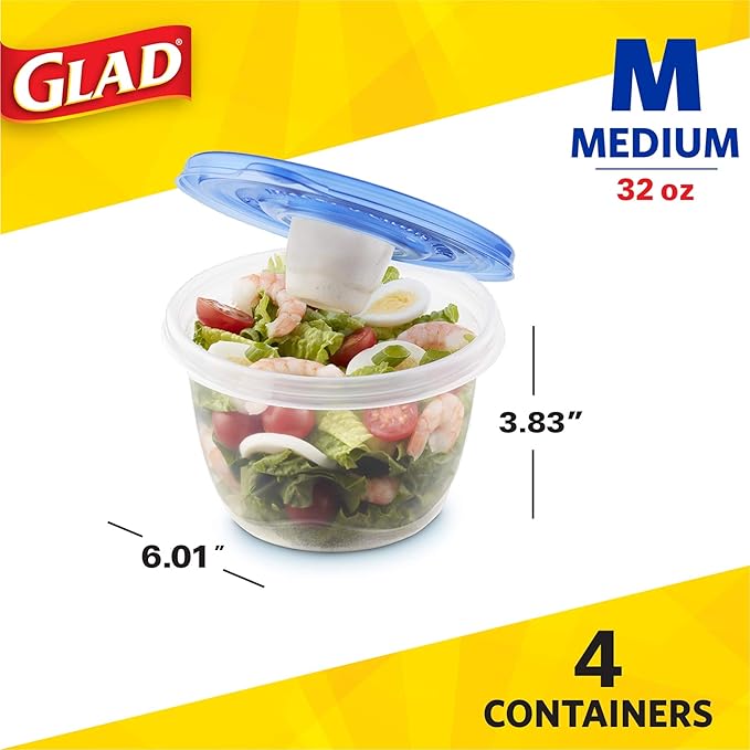 Glad GladWare to Go Lunch Food Storage Containers with Lids, Medium Round No BPA Plastic with Built-in Dressing Cup for Salads and Lunches, Microwave Dishwasher Safe, 32 Oz, 4 Count