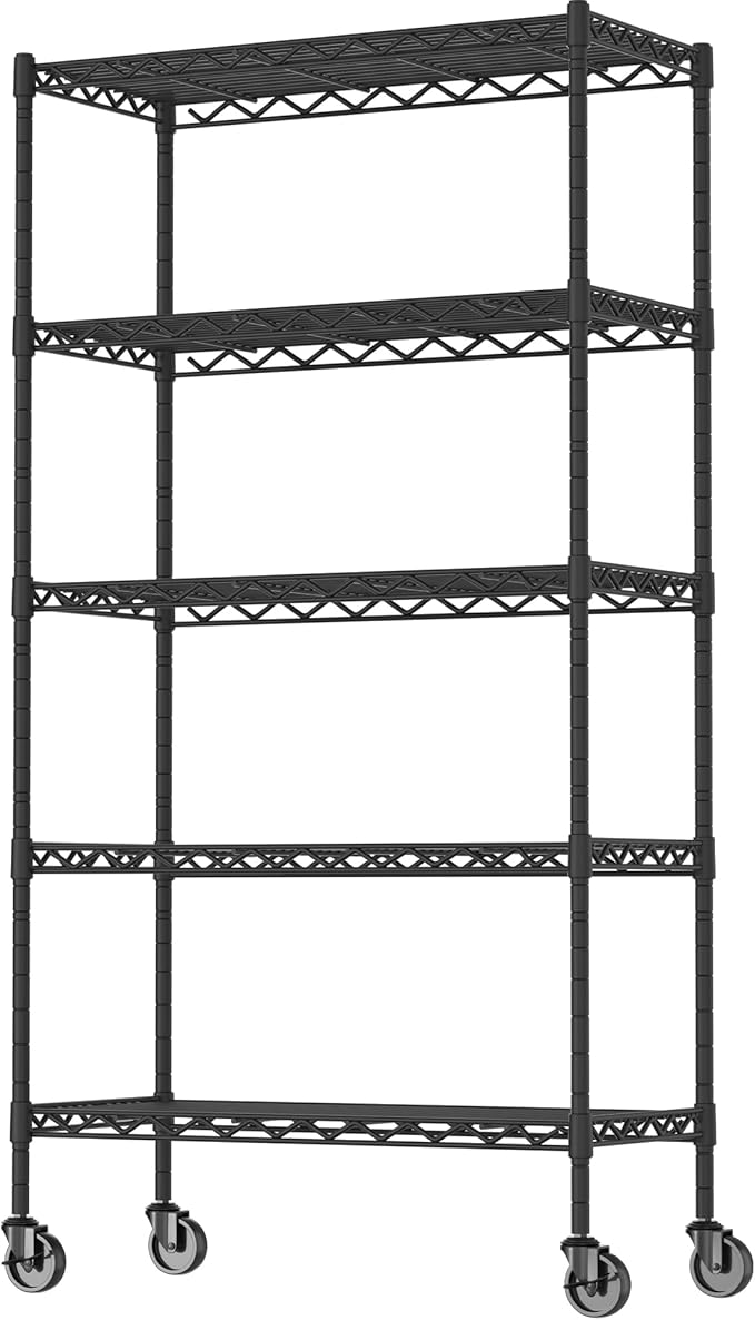 Soywey 5-Shelf Adjustable Heavy Duty Storage Shelving Unit on 4 Wheel Casters, Metal Organizer Wire Rack for Laundry Bathroom Kitchen Pantry Closet, Black