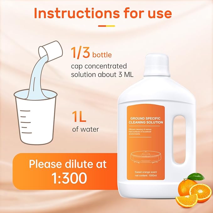 Orange Floor Cleaning Solution 1L Compatible with Dreame Wet & Dry Vacuum and Robot， Residue & Streak Free,Suitable for All Robot Vacuum Cleaners and Wireless Wet Dry Dual-Use Vacuum Cleaners