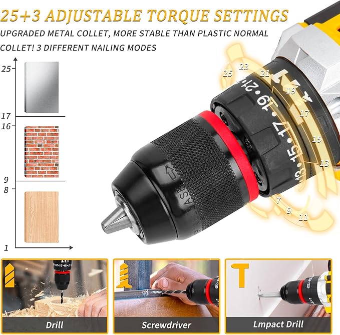 21V Tool Kit with Drill, 120PCS 21V Cordless Drill Set with 3/8" Keyless Chuck of Metal & 25+3 Clutch with Impact, 2 x 2.0Ah Battery & Fast Charger, Max Torque 45Nm, 2-Variable Speed