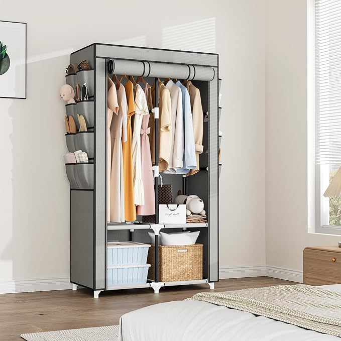 Portable Closet for Hanging Clothes, Portable Wardrobe Closet with Cover, 4 Storage Shelves, 2 Hanging Rods and 8 Side Pockets, Easy Assembly and Sturdy Free Standing Closet for Bedroom, Grey