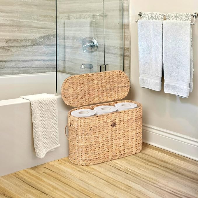 SIEUSALEVN Toilet Paper Storage, Water Hyacinth Baskets with Lid, Toilet Paper Baskets for Storage Holder 6 Rolls, Papers Basket with Built-in Handles for Organizer, Bathroom Accessories Organizer