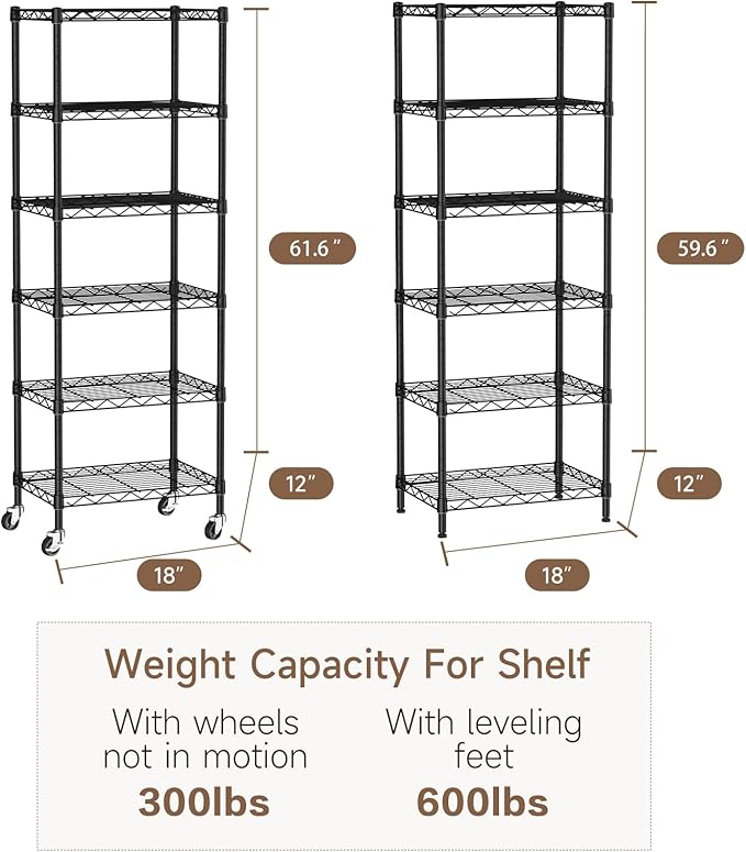 Golpart Small 6 Tier Shelves Storage Wire Shelving Unit Metal Shelf Adjustable Organizers Storage Shelving with Wheels for Bathroom Laundry Room Kitchen Pantry12”D x 18”W x 61.6”H Black