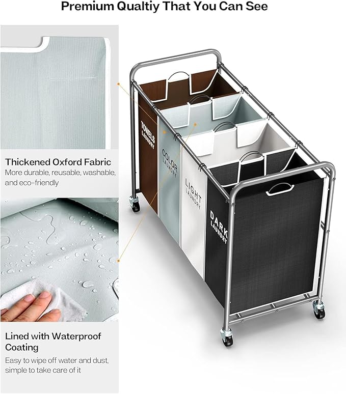 ROMOON Laundry Hamper Sorter Cart: 4-Section Organizer with Heavy-Duty Lockable Wheels and Removable Bags | 180L Rolling Laundry Basket for Dirty Clothes in Laundry Room or Small Spaces (Multicolor)