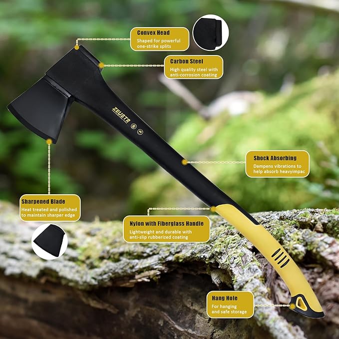 24" Splitting Axe Hatchet, Nylon Shock-Absorbing Handle, Camping Axe for Logs, Wood