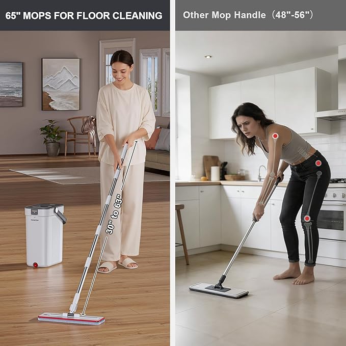 Mop and Bucket Set, Flat Mop and Bucket System with Separate Dirty and Clean Water, 3-Compartment Wall Cleaner Mop, Flat Mops for Floor Cleaning with 6 Microfiber Pads