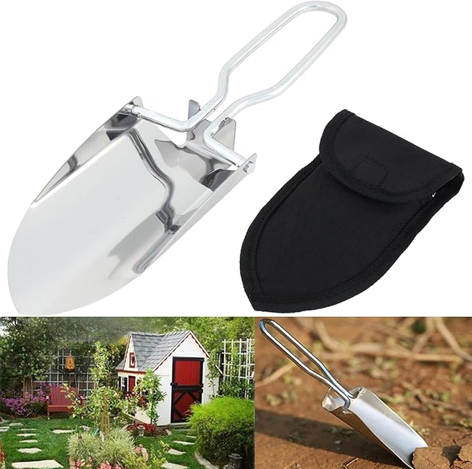 EMVANV Mini Folding Shovel,Foldable Garden Handy with Carrying Pouch Camping Trowel Stainless Steel Outdoor Survival Shovel for Garden and Campsite Use While Hiking, Camping and Outdoor(Silver)