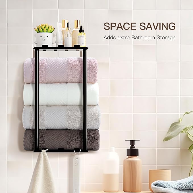 Towel Racks for Bathroom Towel Holder with Shelf & 6 Hooks Wall Mounted Towel Storage Rack for Rolled Towels Organizer, Sturdy Metal Towel Shelf, Black
