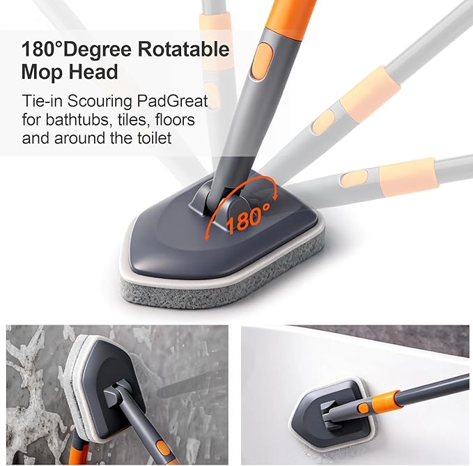 Tile Tub Scrubber Brush with 3 Different Function Cleaning Heads and 56" Extendable Long Handle-No Scratch Shower Scrubber for Cleaning Bathroom Kitchen Toilet Wall,Bathtub,Sink,Grey