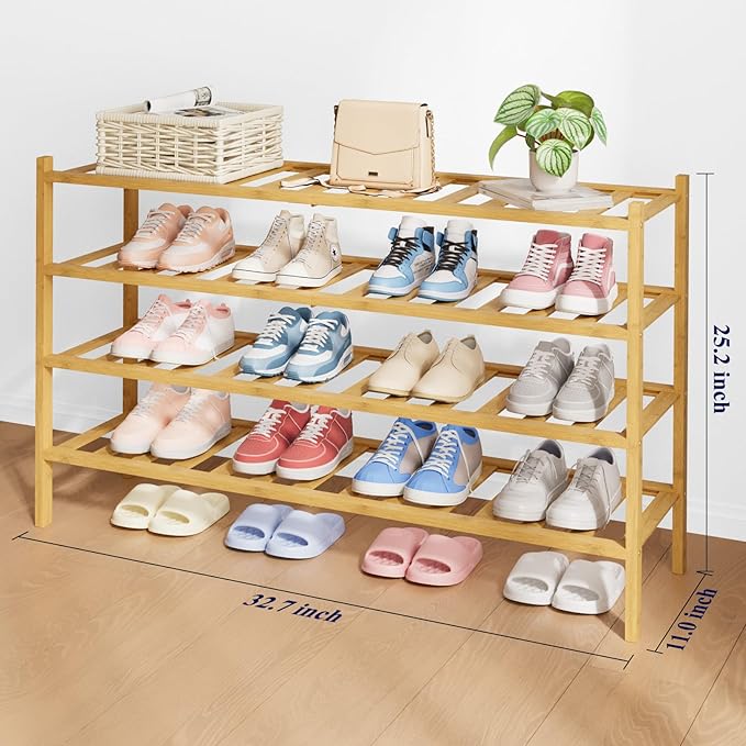 Kitsure Bamboo Wooden Shoe Rack for Closet - Stackable Shoe Organizer with Modular Structure, Space-Saving Shoe Shelf for Entryway, Living Room, Bedroom, 32.7" Wide - 4 Tiers, Natural