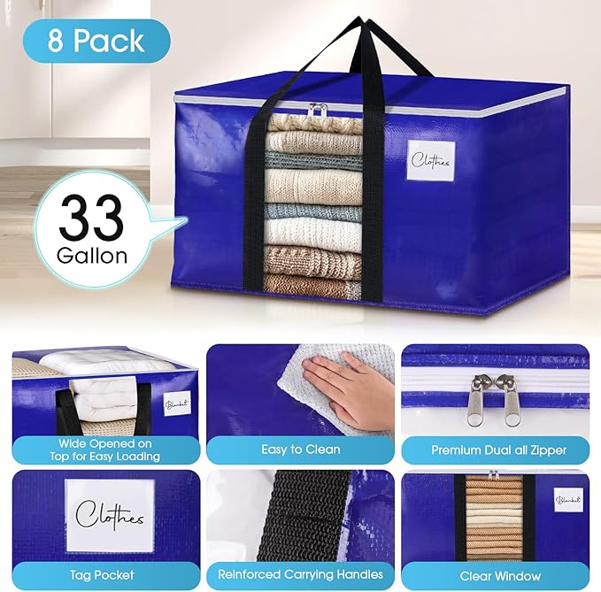 BlissTotes 8 Pack Moving Bags with Clear Window, Storage Bags with Strong Carrying Handles & Zippers,Large Packing Bags for Saving Space, Alternative to Moving Boxes(Blue,33 Gallon)