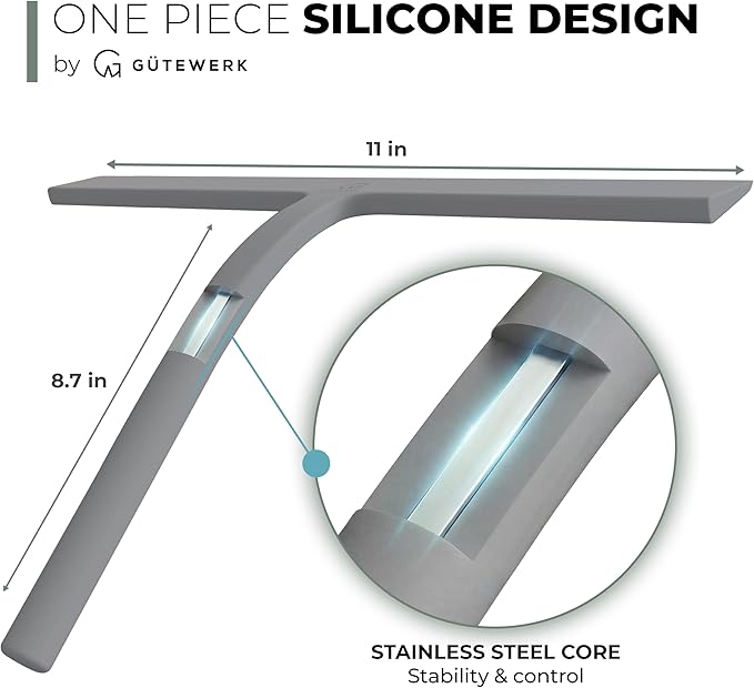 GÜTEWERK Silicone Shower Squeegee for Glass Doors & Mirrors with Stainless Steel Core, Streak-Free & No-Squeak Window Cleaning, 3-in-1 No-Drill Mount (Hook/Suction/Adhesive),Gray, 11 Inches