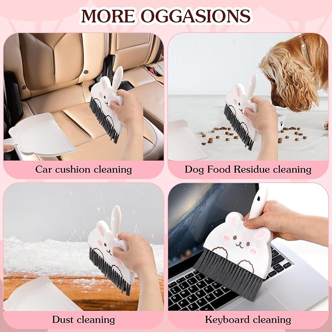 Ouligay Portable Mini Dustpan and Brush Set,Cute Small Broom and Dustpan Set with Durable Brush,Lightweight Dust Pan and Broom Set for Desktop Small Space Cleaning(White Rabbit)
