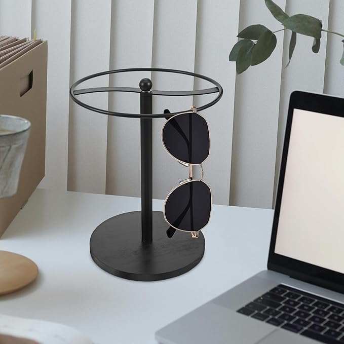 Sunglasses Display Rack Eyewear Storage Organizer Carbon Steel Frame with Black Pine Wood Base for Desktop Glasses Holder Home and Office Use