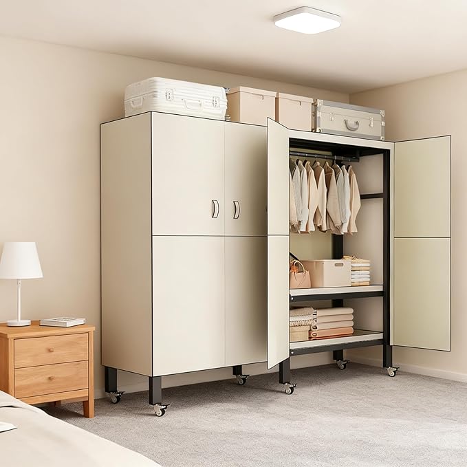 Foldable Portable Armoire Wardrobe Closet for Hanging Clothes Rack, Heavy Duty Covered Clothes Rack with Cover(HARDBOARD Magnetic), Closet Garment Rack for Bedroom Storage (KT Off-white, 74.8in)