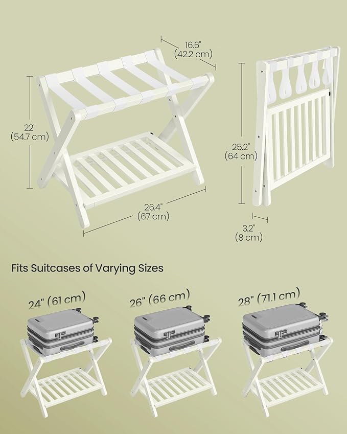 SONGMICS Solid Wood Luggage Racks, Set of 2, No Assembly Required, Foldable Suitcase Stand, Luggage Holder, with Storage Shelf, for Guest Room, Hotel, Bedroom, Cream White URLR021WZ02S