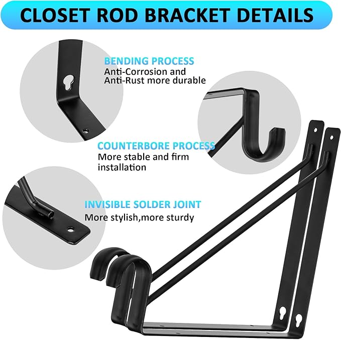 6 Pack Black Closet Rod Bracket 11 x 11 Inch, Heavy Duty Closet Shelf Brackets with Rod Shelving Support,Wall Mount Closet Rod Support Bracket with Screws,Supports 300 lbs