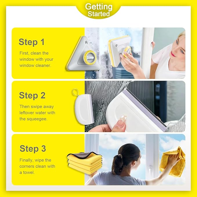 Double-Sided Magnetic Window Cleaner | Adjustable Glass Wiper & Brush Tool with Upgraded Squeegee & Microfiber Towel for High-Rise Double/Single Glazed Windows, Fits 0.2″-1.1″ Thickness