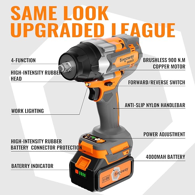900N.m Brushless Cordless Impact Wrench 1/2", 4-in-1 High Torque 21V Power Electric Impact Gun with 2x4.0Ah Batteries, 5 Sockets, 8 Drills, 10 Screws, LED, Variable Speed for Car Repair Home