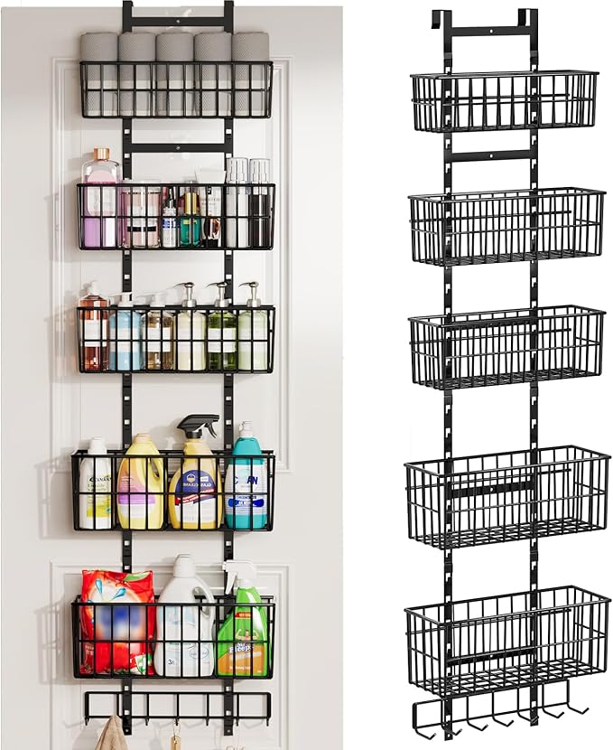 Hongtamoya Adjustable Over the Door Organizer, Metal Hanging Door Organizer with 5 Wire Basket 7 Hooks, Wall Mounted Shelf for Pantry Laundry Organization and Storage, Black